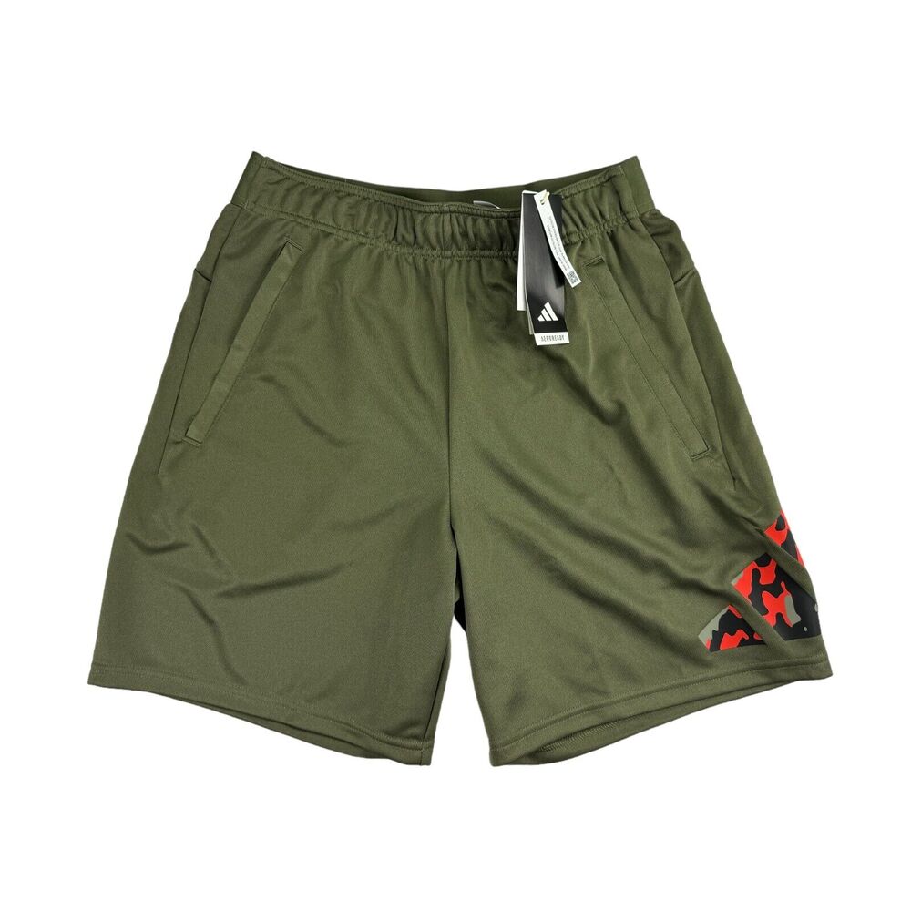 Adidas Mens Regular Fit Seasonal Camo Logo 7" Training Shorts Olive Green S